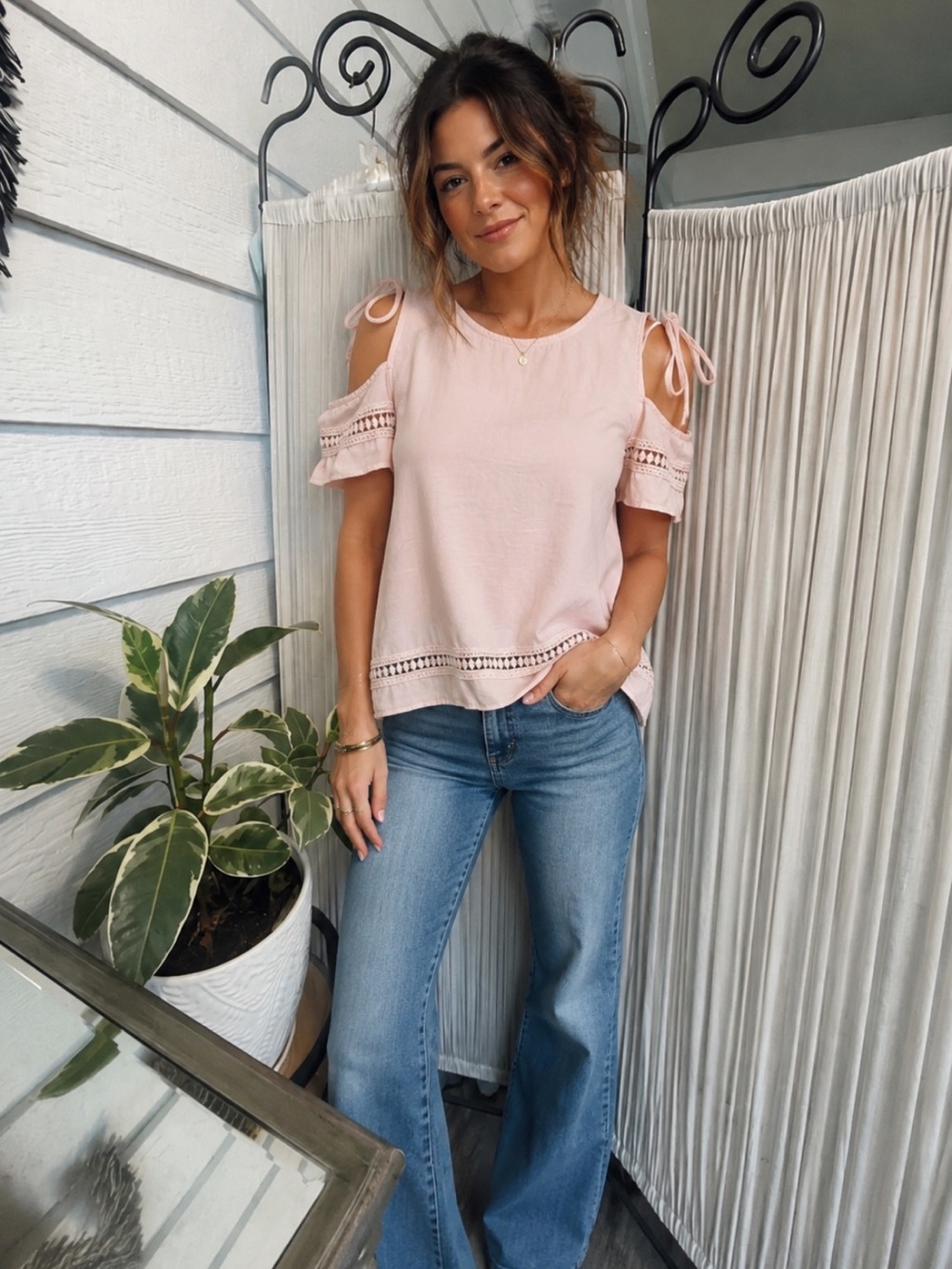 Women's Cold-Shoulder Blouse in Light Pink